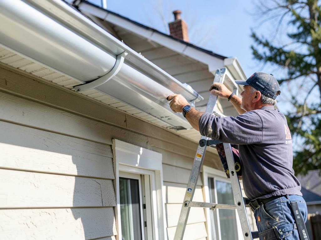 Worker installing a new seamless aluminum gutter along a home's fascia