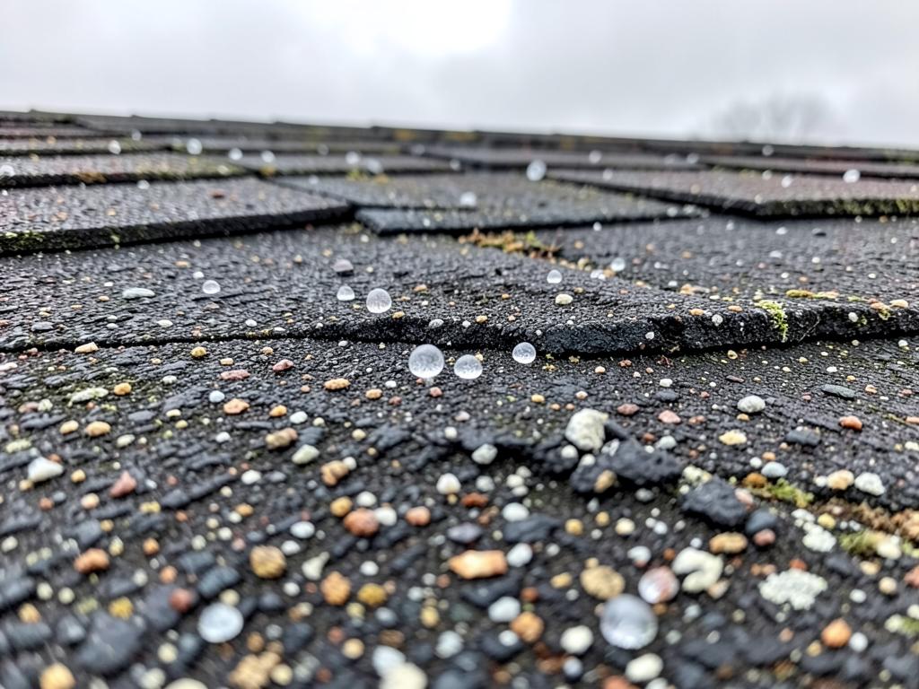 Close-up of hail-damaged asphalt shingles with granule loss